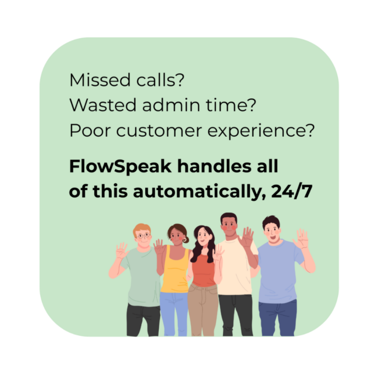 Promotional graphic for FlowSpeak with cartoon characters and text about call handling and customer experience.